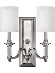 Sussex Double Sconce with White Fabric Cylinder Shades in Brushed Nickel.